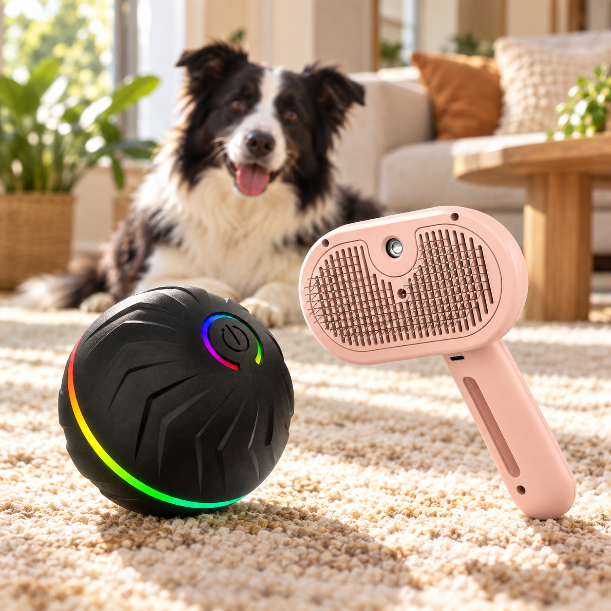 Smart Bounce Ball and pink grooming brush with a dog at home